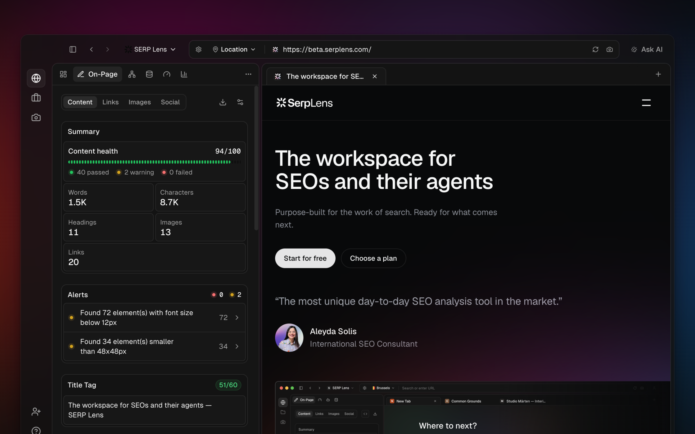 SERP Lens browser workspace with the On-Page content panel open beside the active page