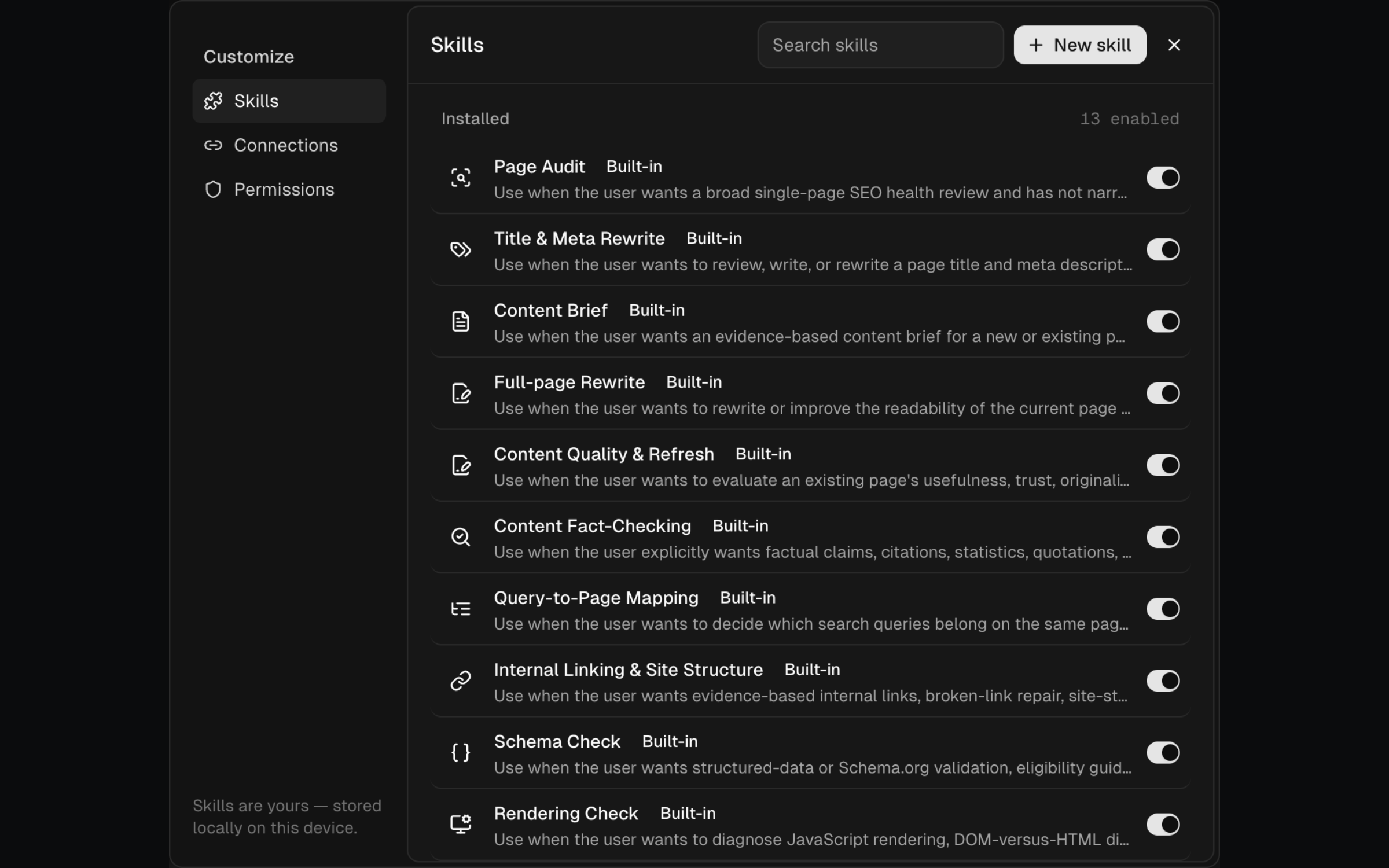 SERP Lens skills library showing available and custom AI skills