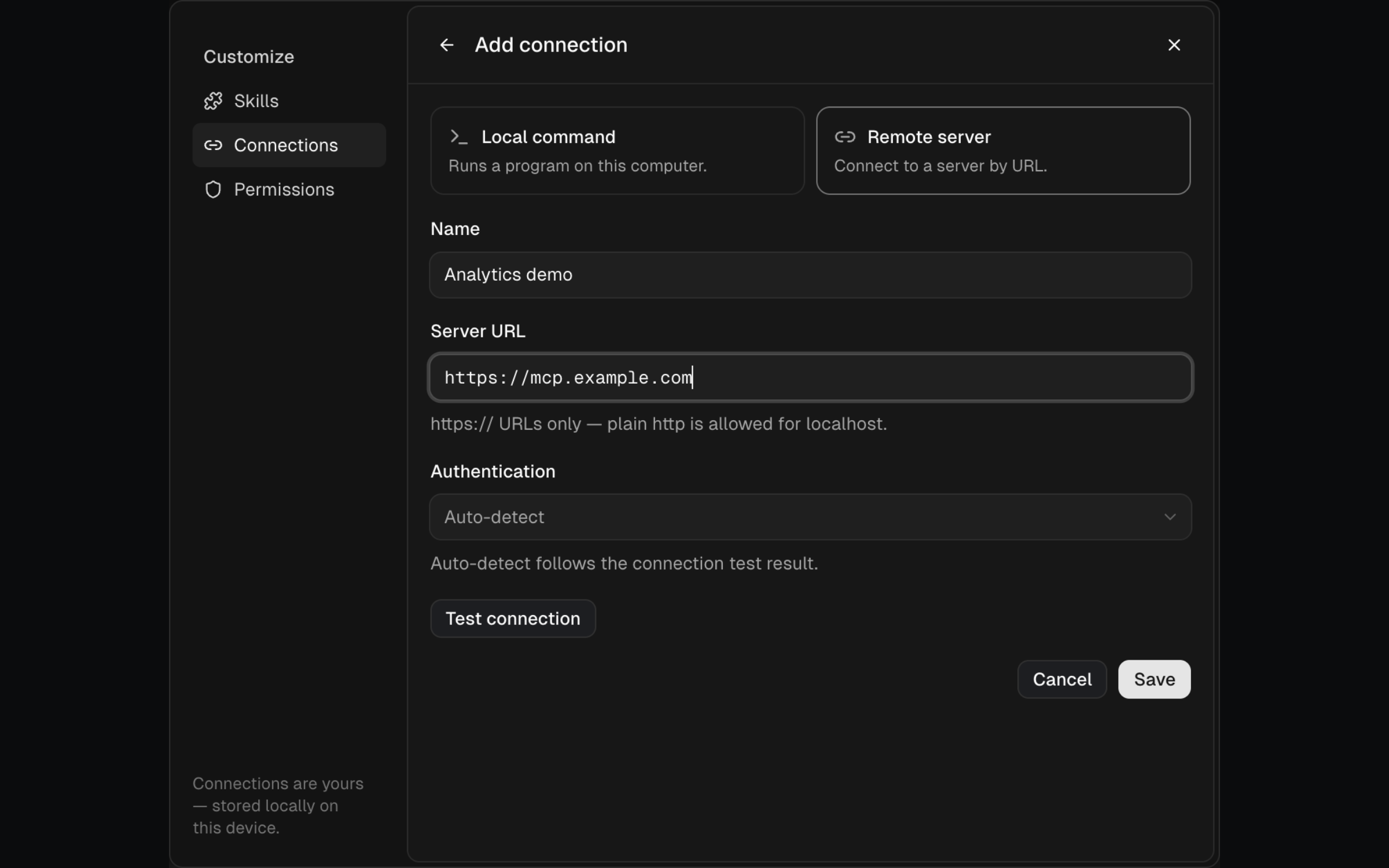 SERP Lens MCP connection editor showing a remote server configuration